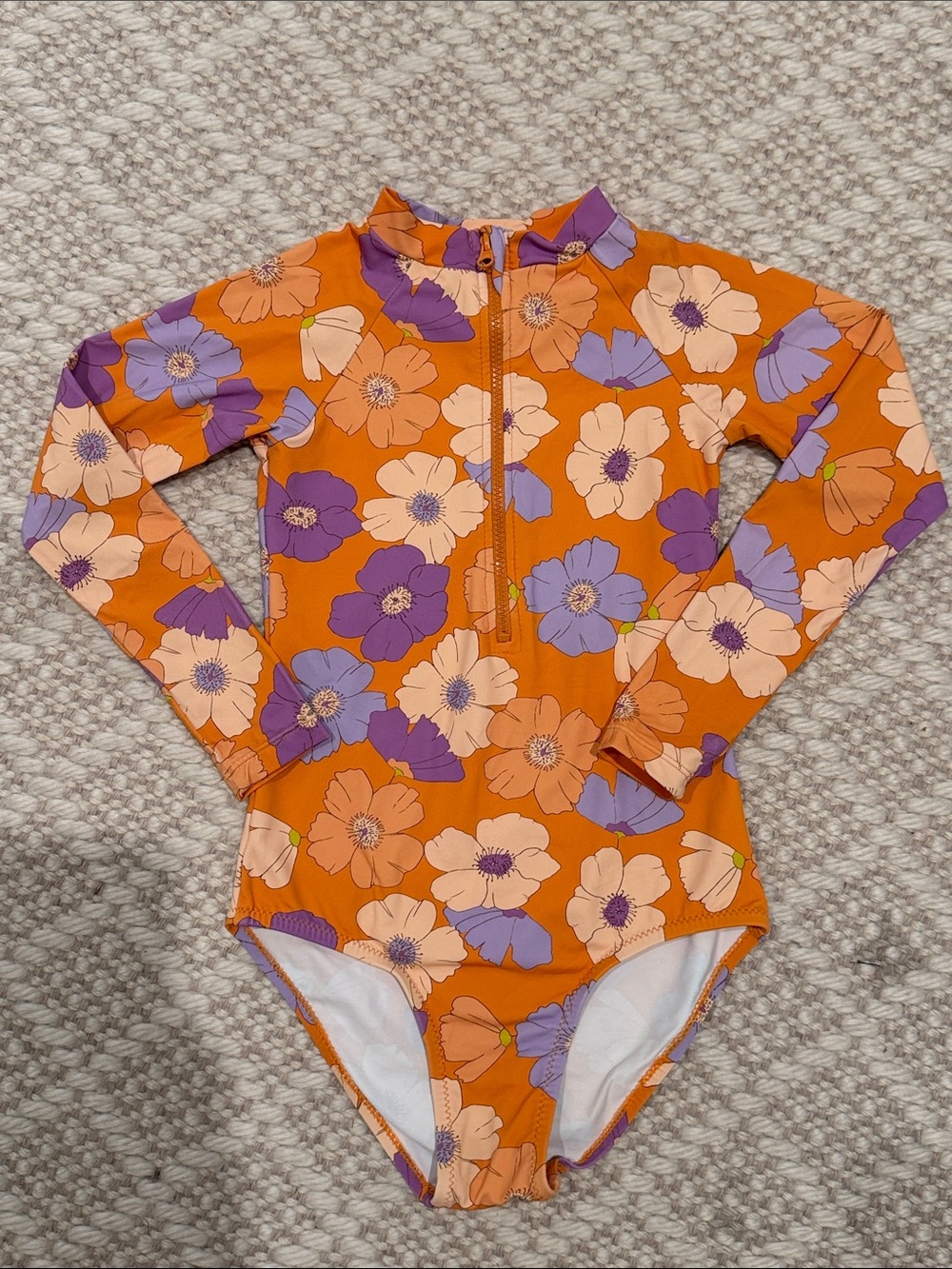 Zara- Orange & Purple Floral Long-Sleeve One-Piece Swimsuit Rashguard- Size: 6-7